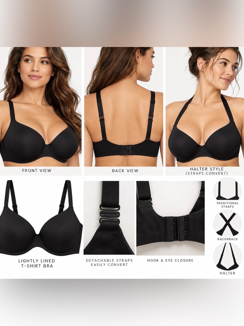 Auden Lightly Lined Convertible T-Shirt Bra in Black NWOT